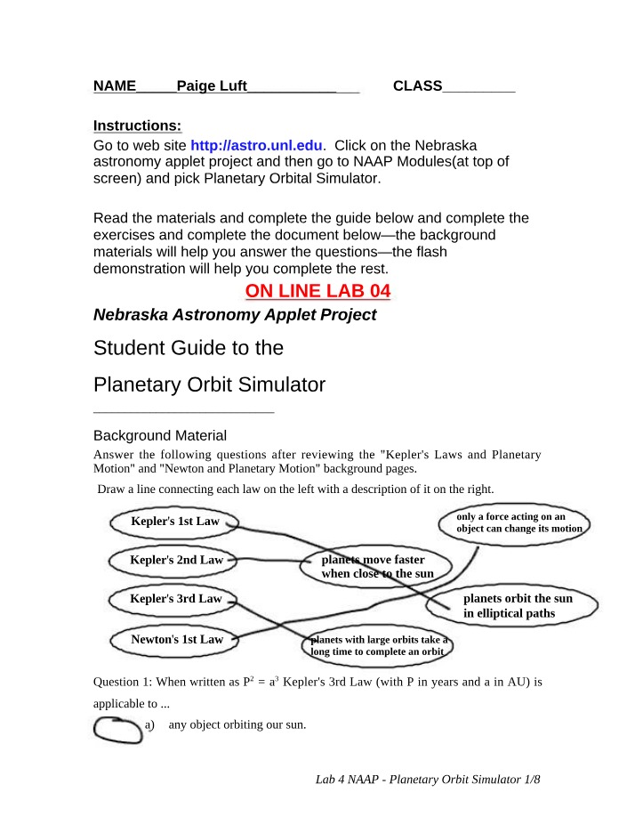 Planetary Orbit Simulator Student Guide - Nebraska Astronomy Applet Project