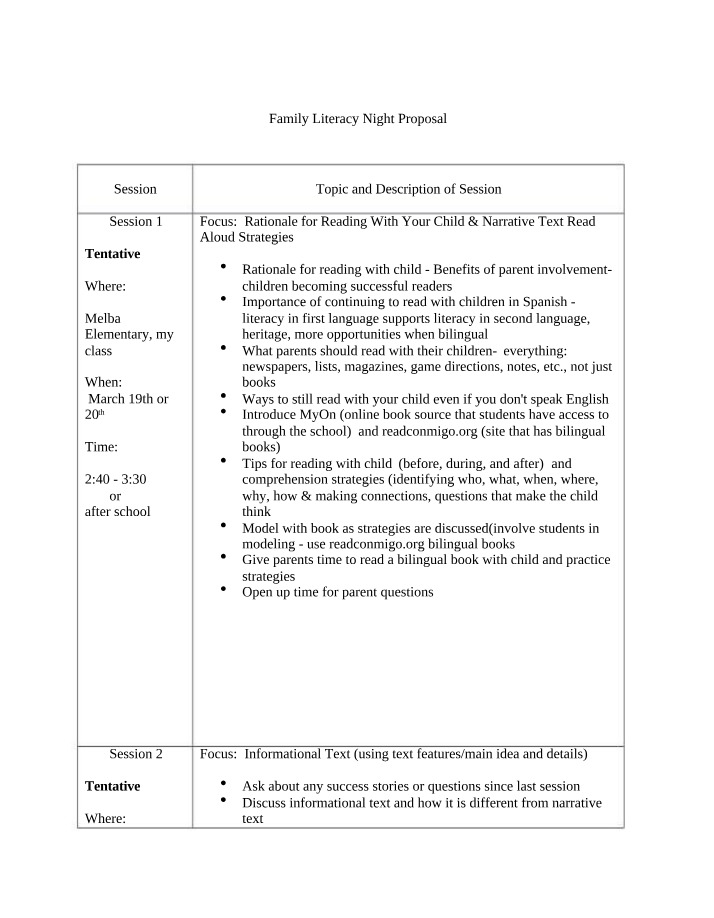 Proposal for Family Literacy Night