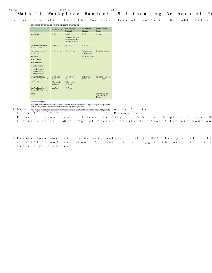 Choosing An Account - Math 11 WP Handout 5.1