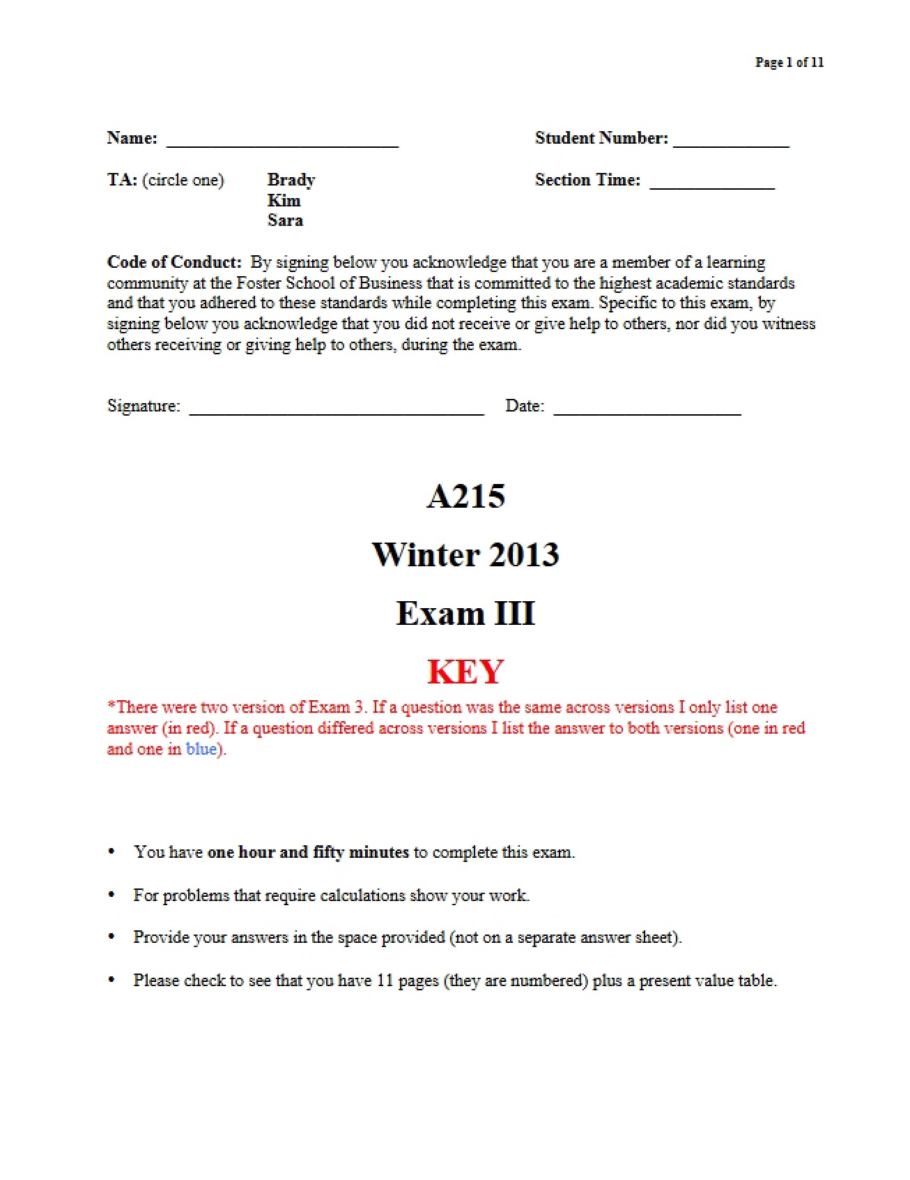Key for Exam 3 (2013)