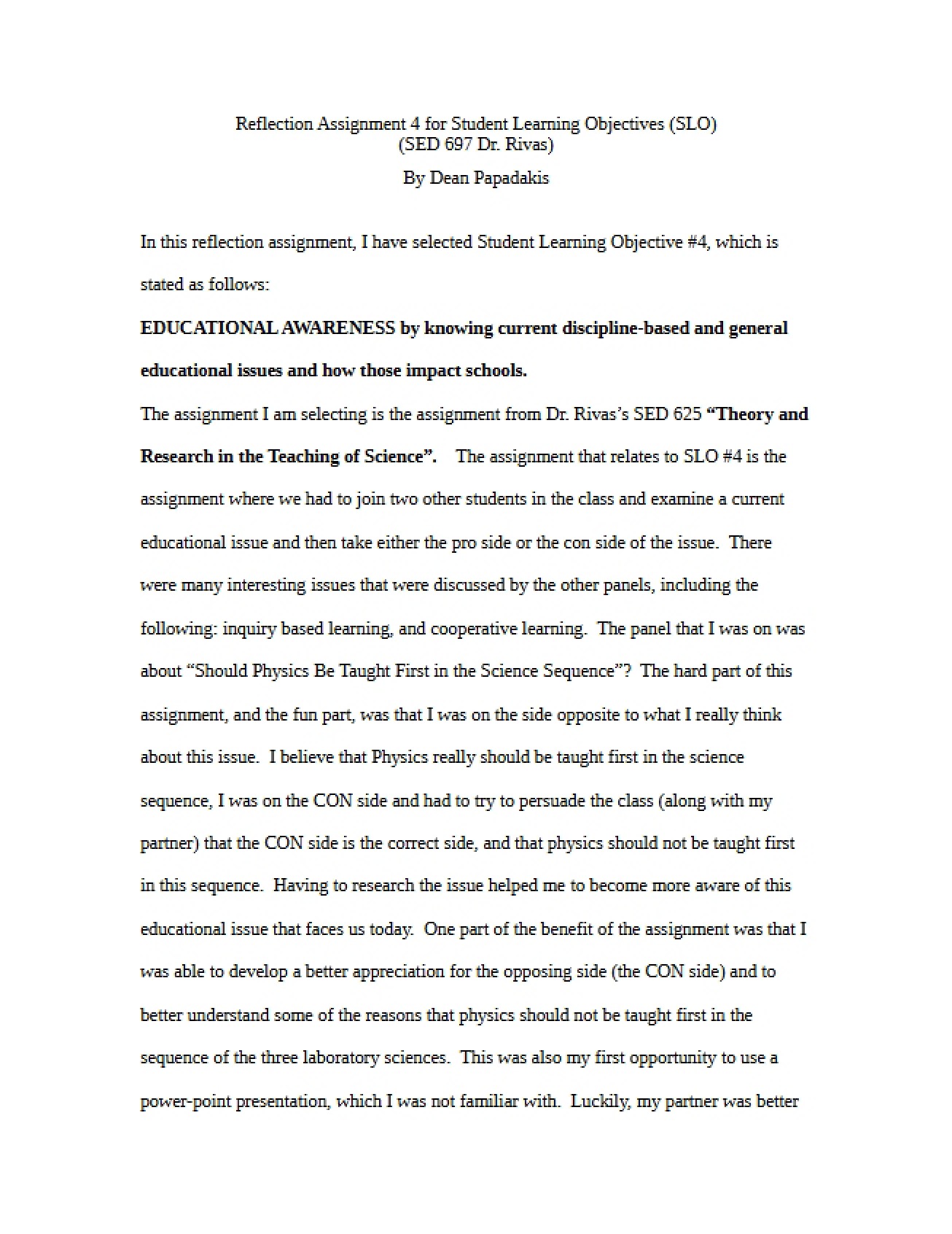 Reflection 4 Student Learning Objectives