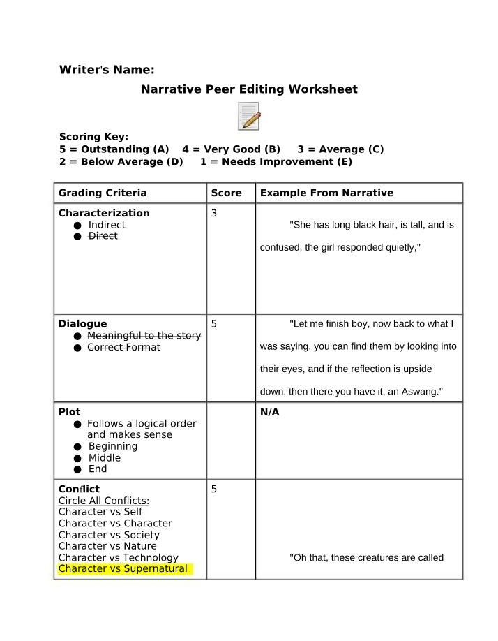 Worksheet for Narrative Peer Editing