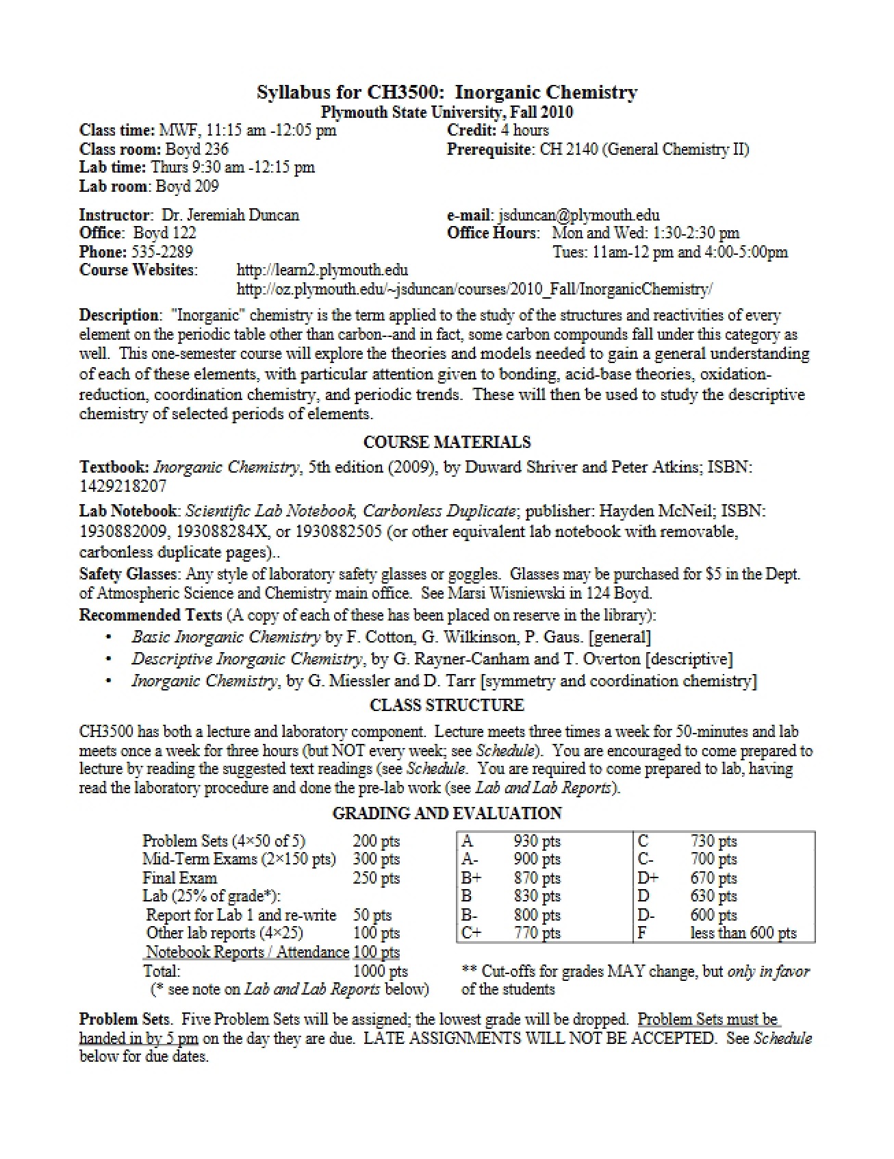 Syllabus for Inorganic Chemistry