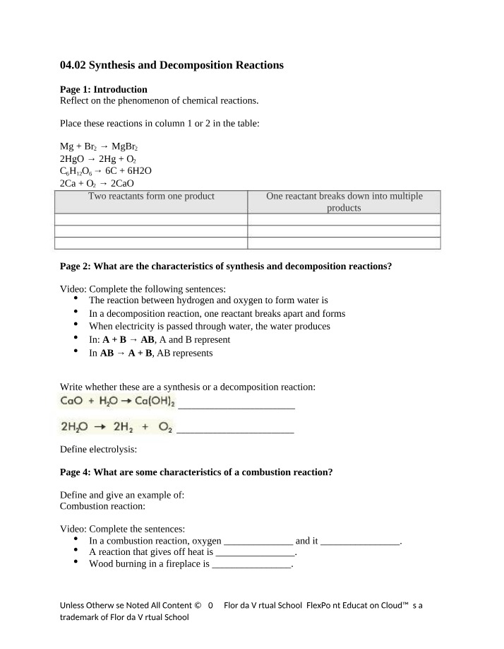 Synthesis and Decomposition Reactions
