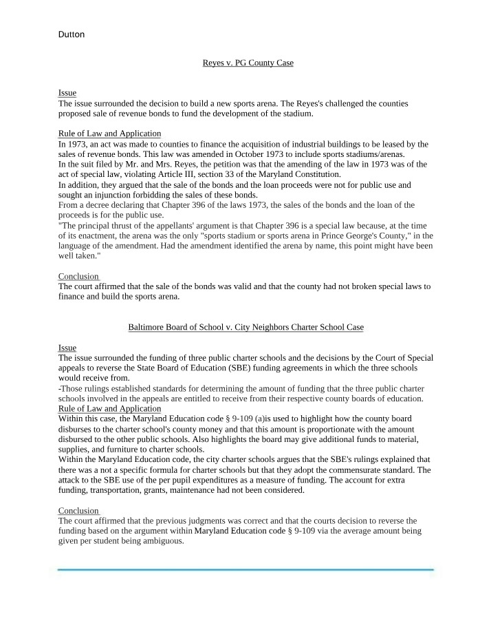 Case Analysis - Reyes v. PG County and Baltimore Board of School v. City Neighbors