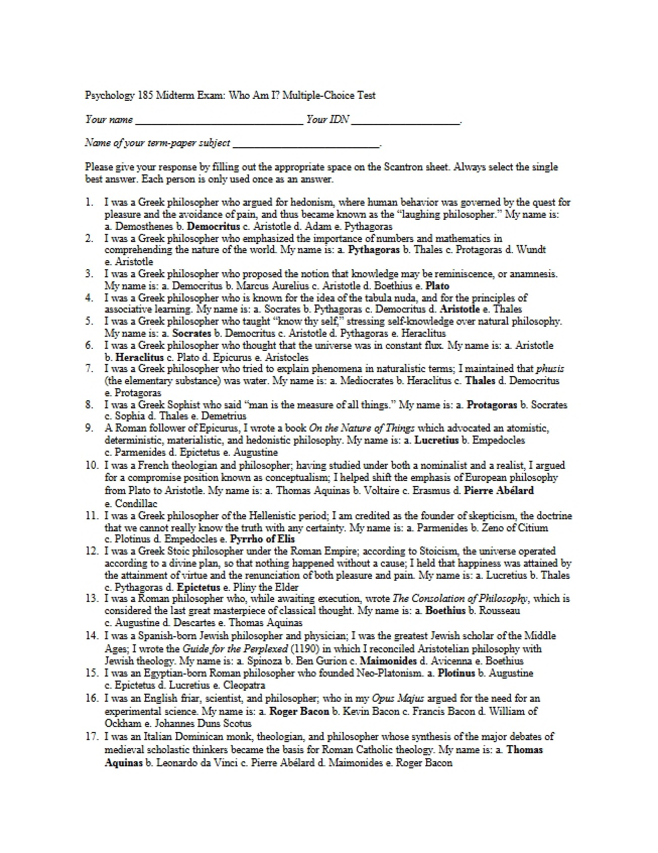 Multiple-Choice Test for the Psychology 185 Midterm Exam