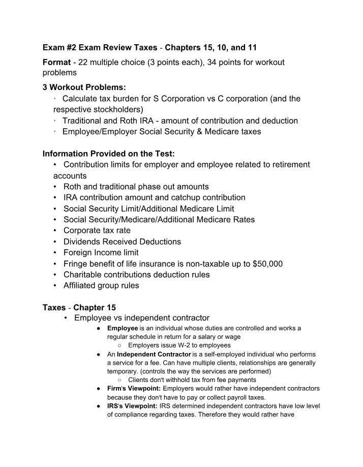 Exam 2 Review - Taxes (Chapters 10, 11, and 15)