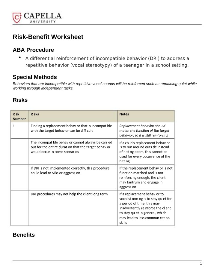 Worksheet on Risk-Benefit