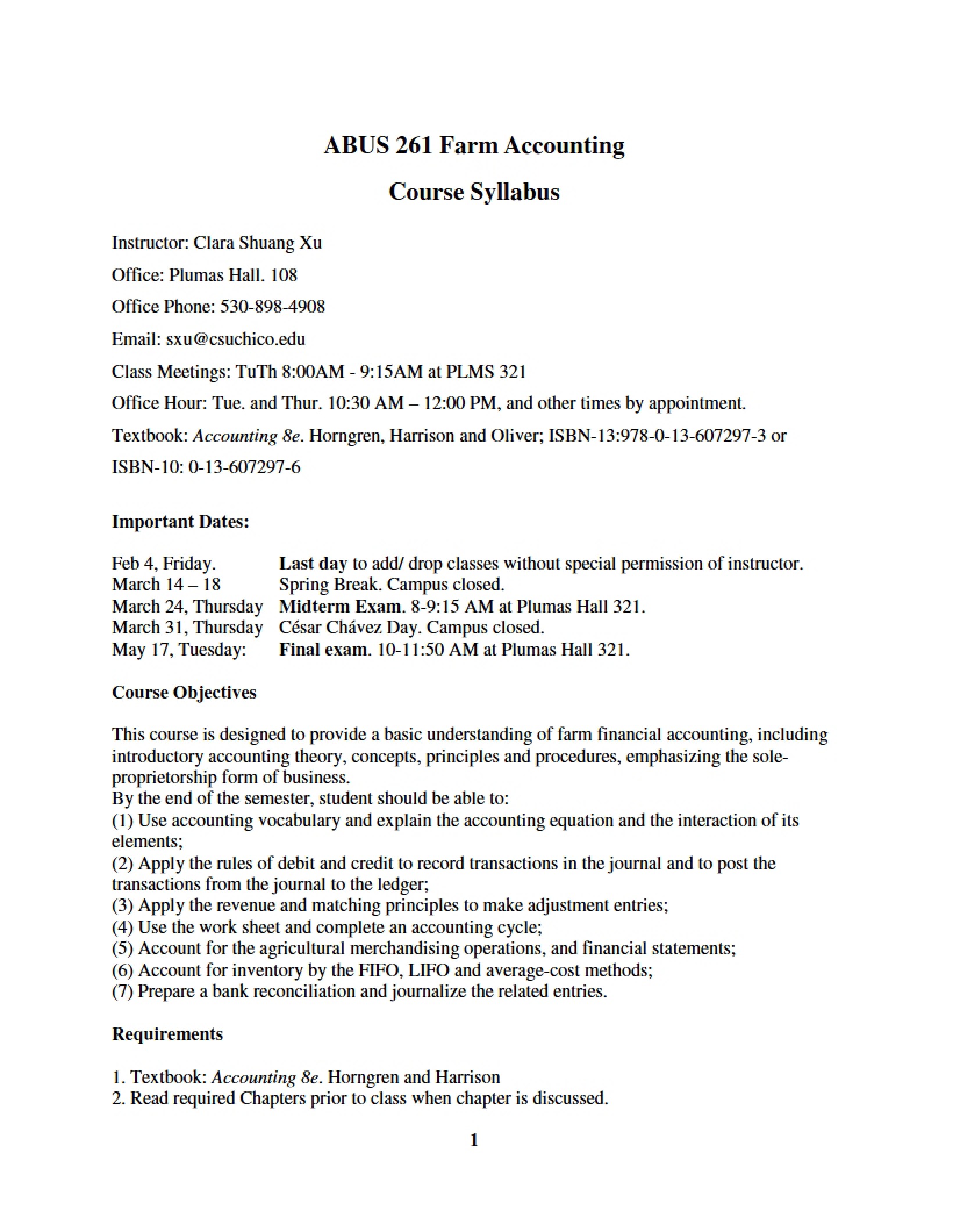 Farm Accounting Syllabus