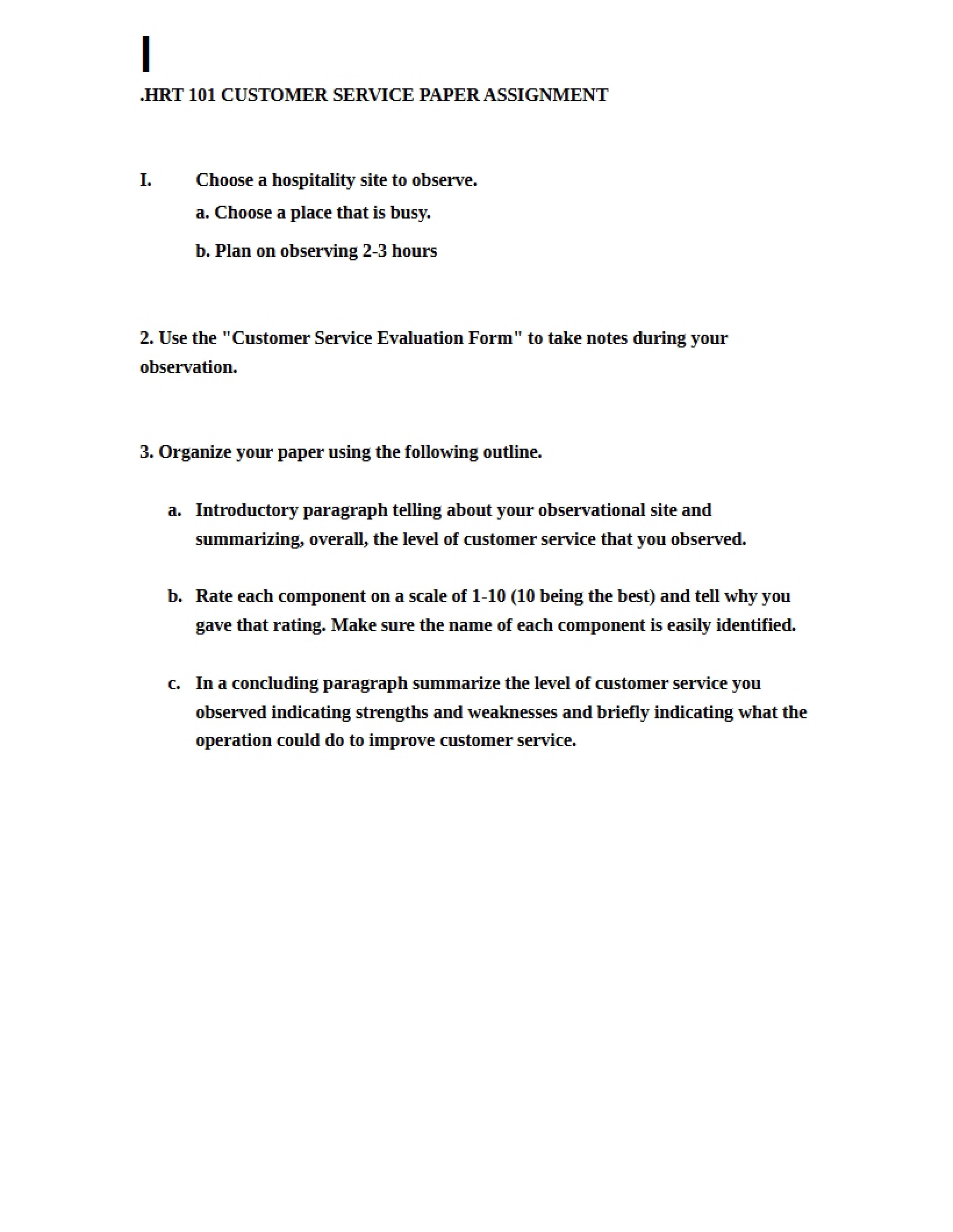 Assignment Paper on Customer Service