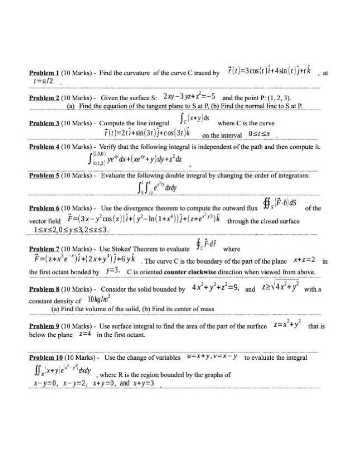 Multivariable Calculus Exam Questions