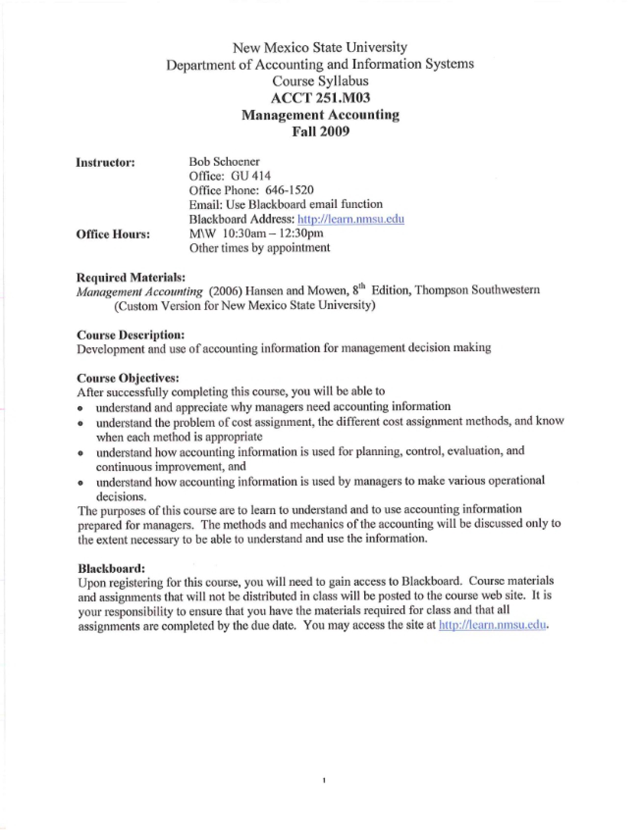 Management Accounting Syllabus - Fall 2009 - Bob Schoener