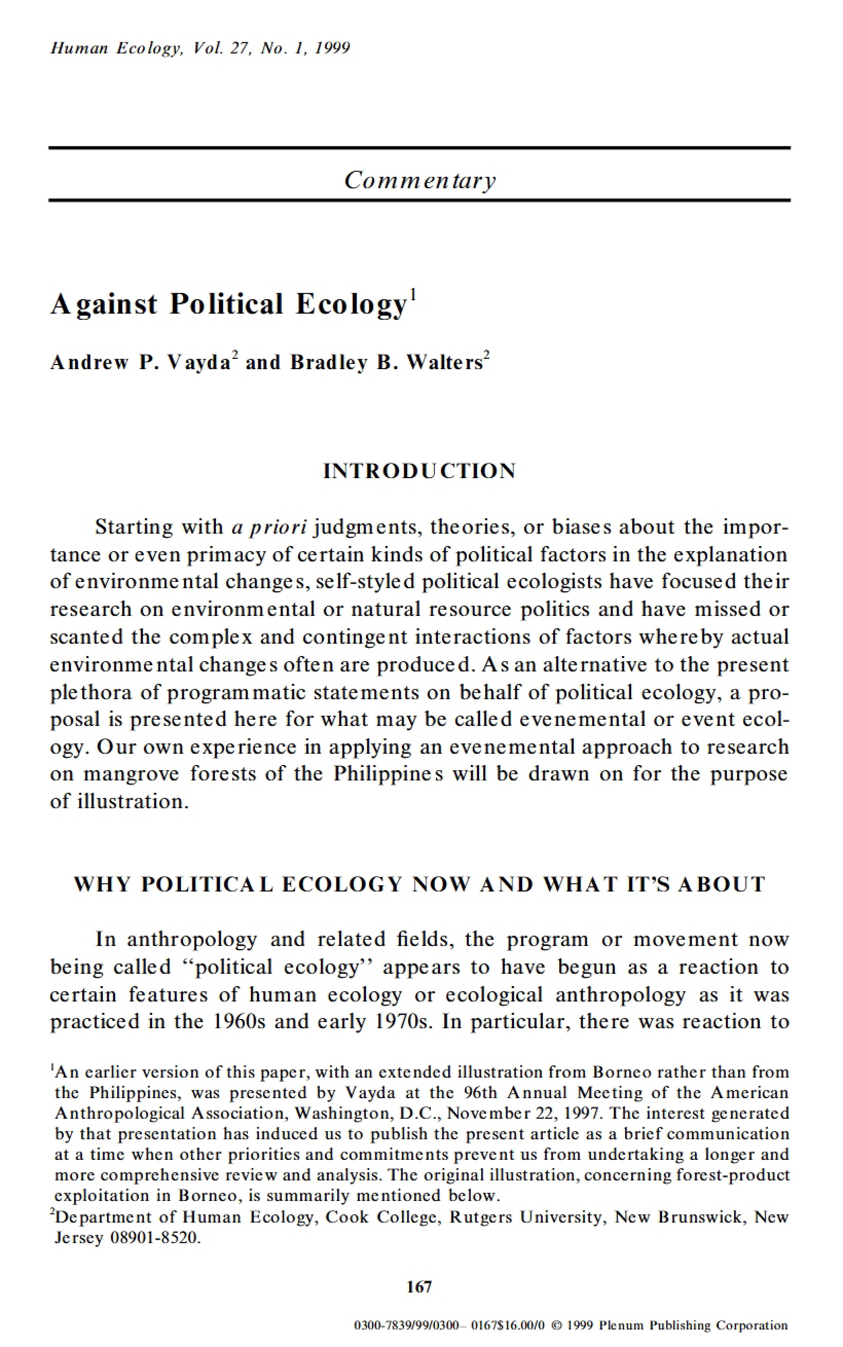 Opposition to Political Ecology