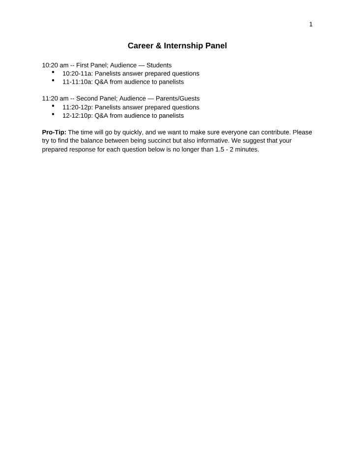 Career Internship Panel - Guide and Questions