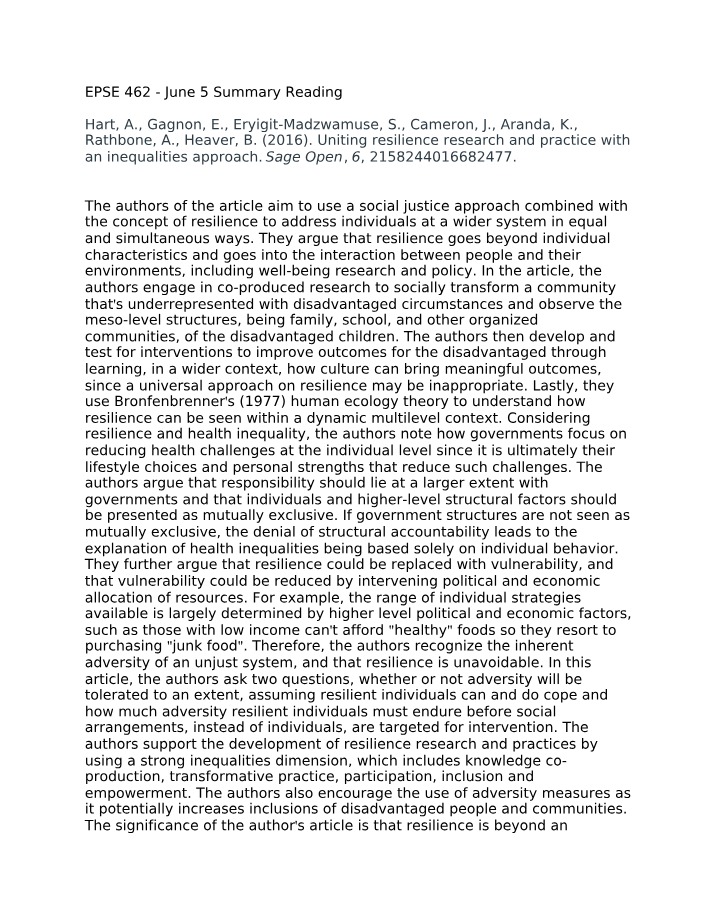June 5 Reading Summary - EPSE 462
