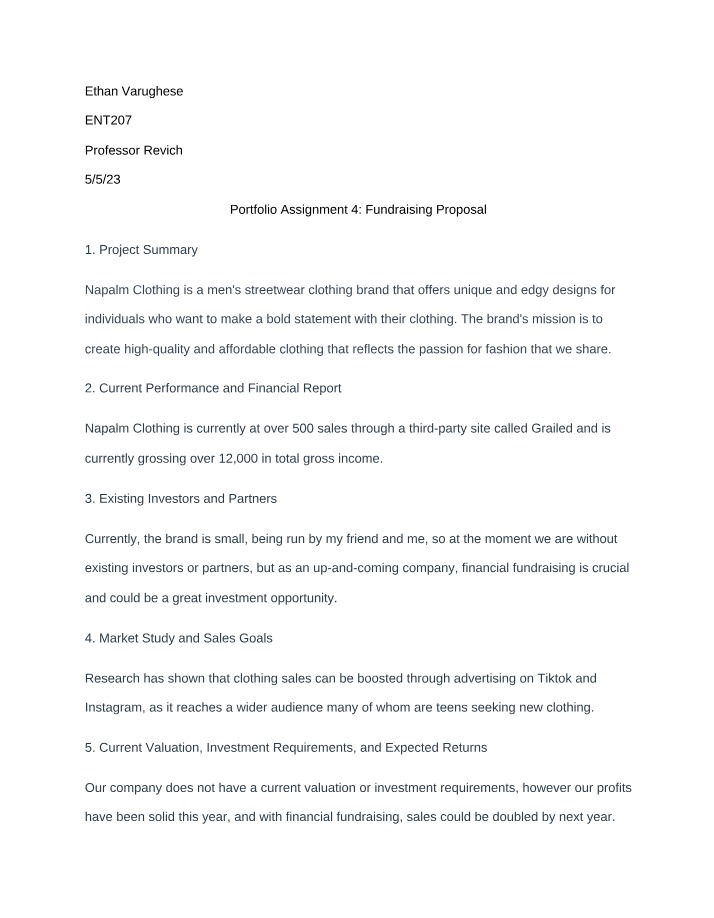 Fundraising Proposal - Napalm Clothing