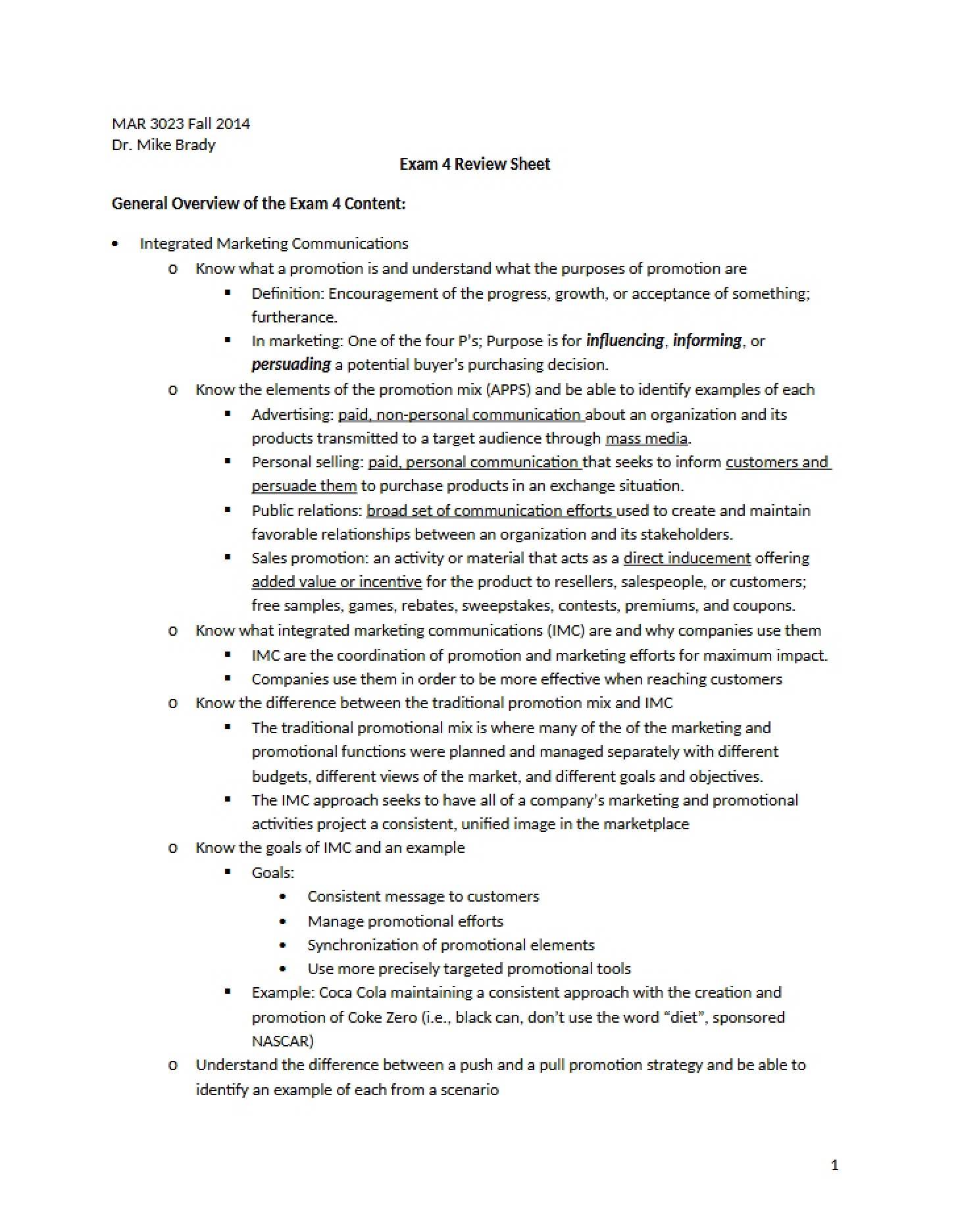 Review Sheet for Exam 4