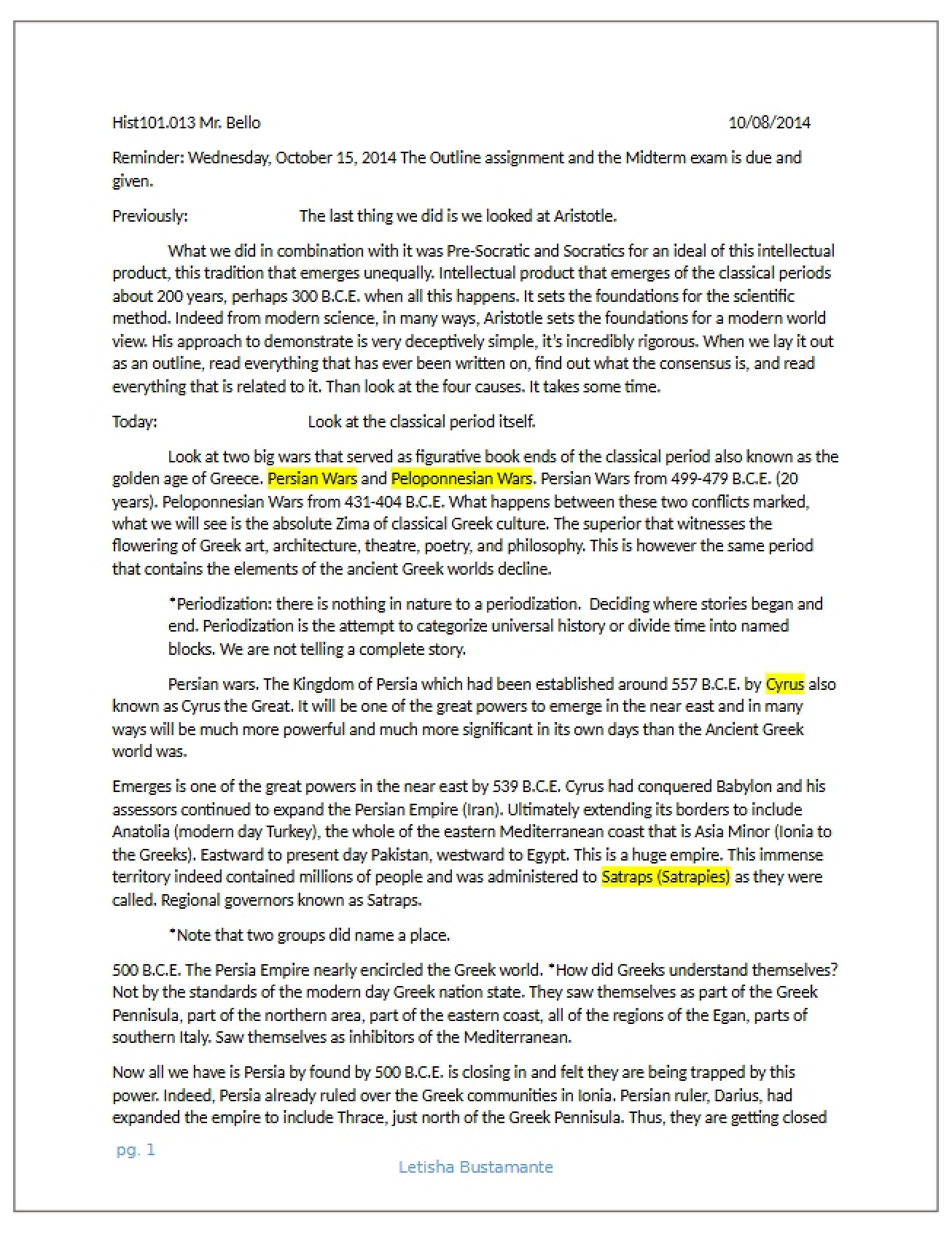 Lecture Notes Oct 8, 2014