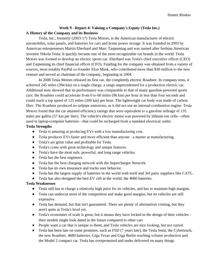Tesla Inc. Financial Analysis and Equity Valuation
