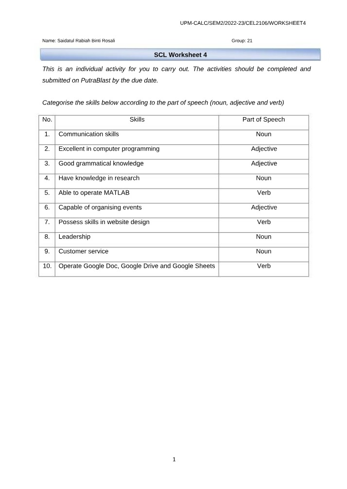 Worksheet 4 for SCL