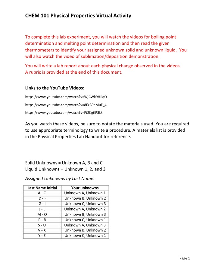 Identifying Unknowns - Physical Properties Lab Report