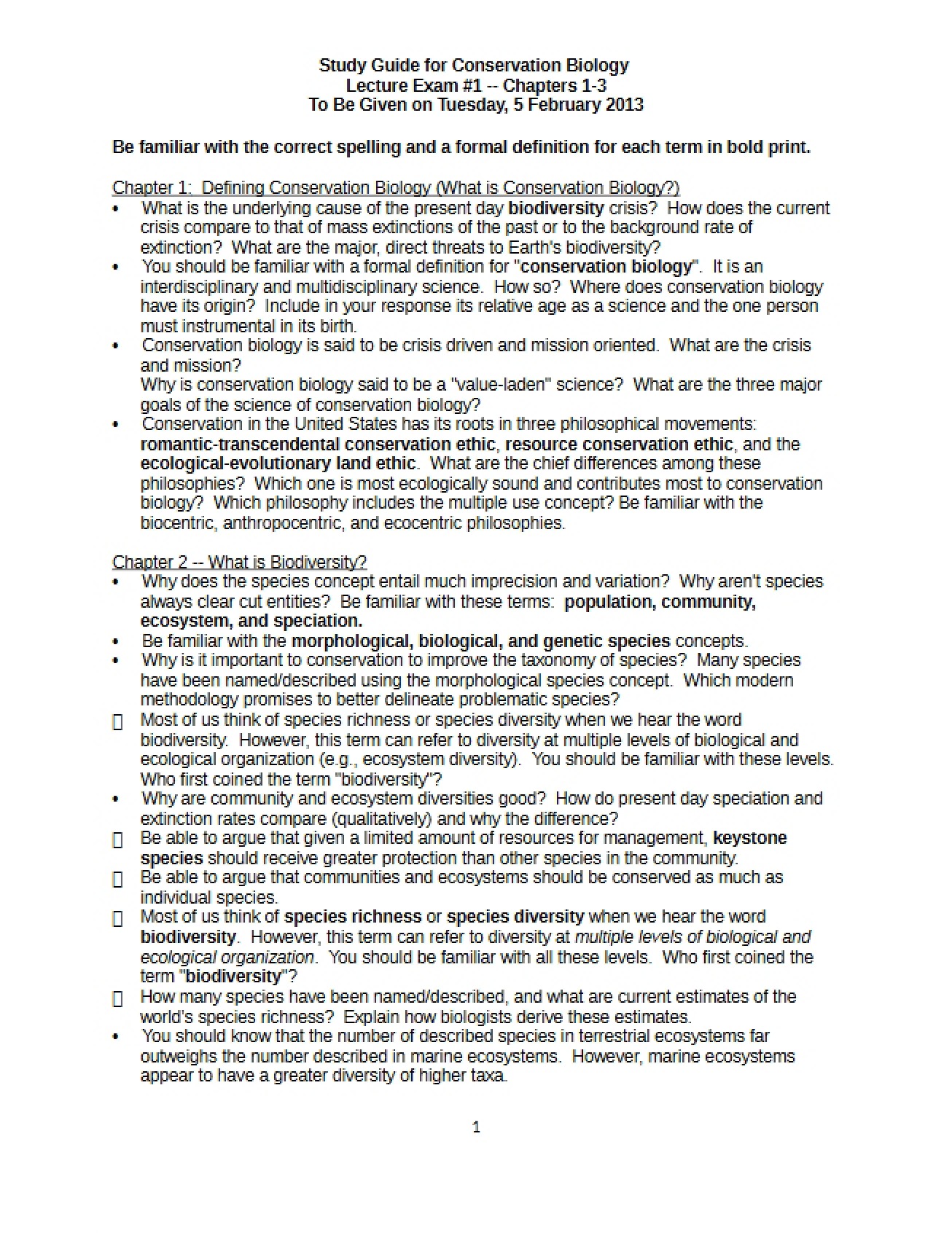 Conservation Biology Lecture Exam 1