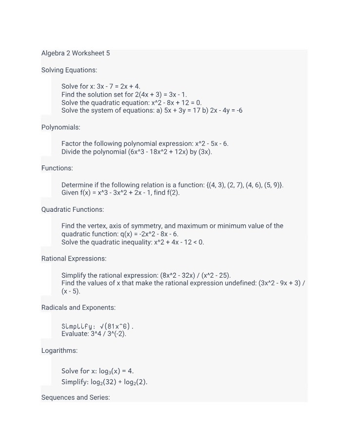 Worksheet 5 - Algebra 2