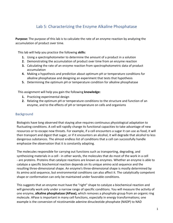 Alkaline Phosphatase Enzyme Characterization and Calculation
