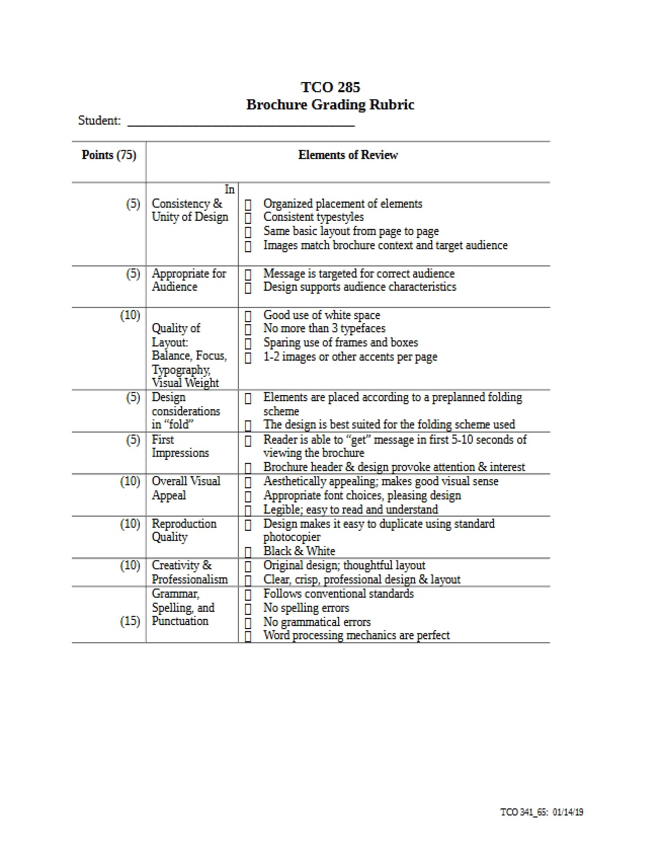 Grading Rubric for Brochures