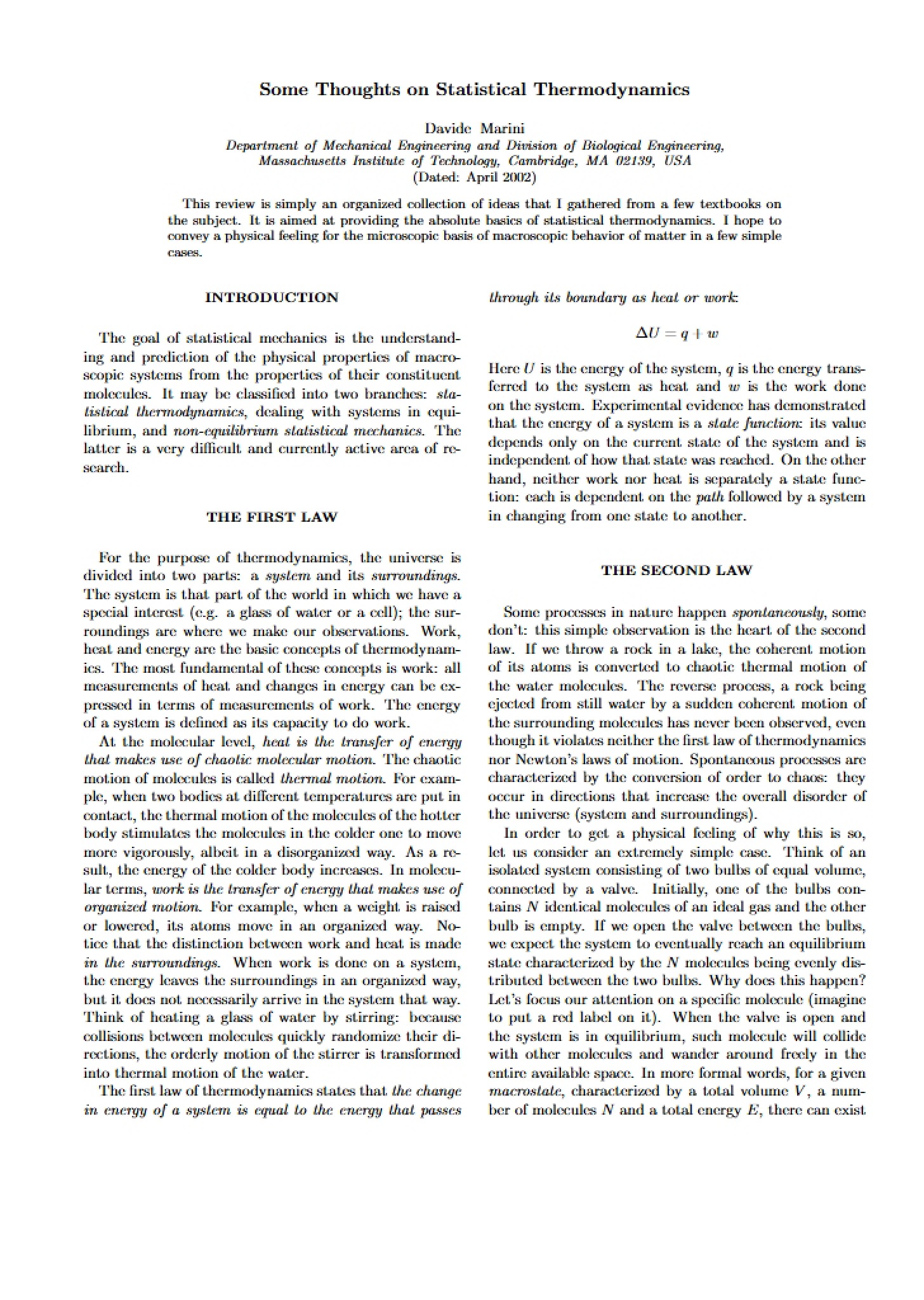 Statistical Thermodynamics Thoughts