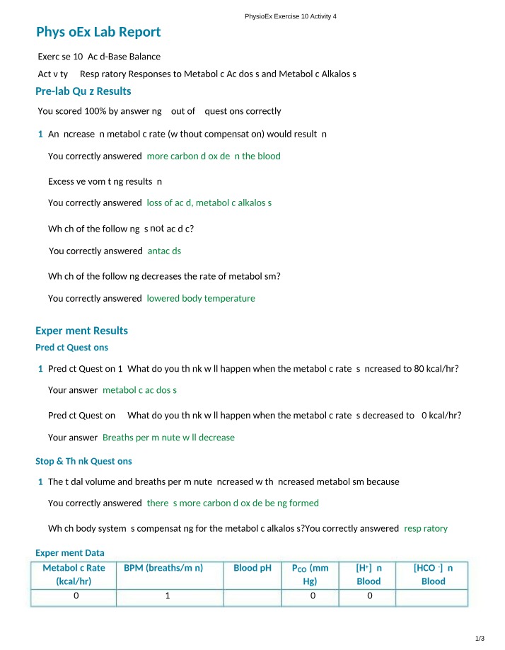 Exercise 10 Activity 4 - PhysioEx