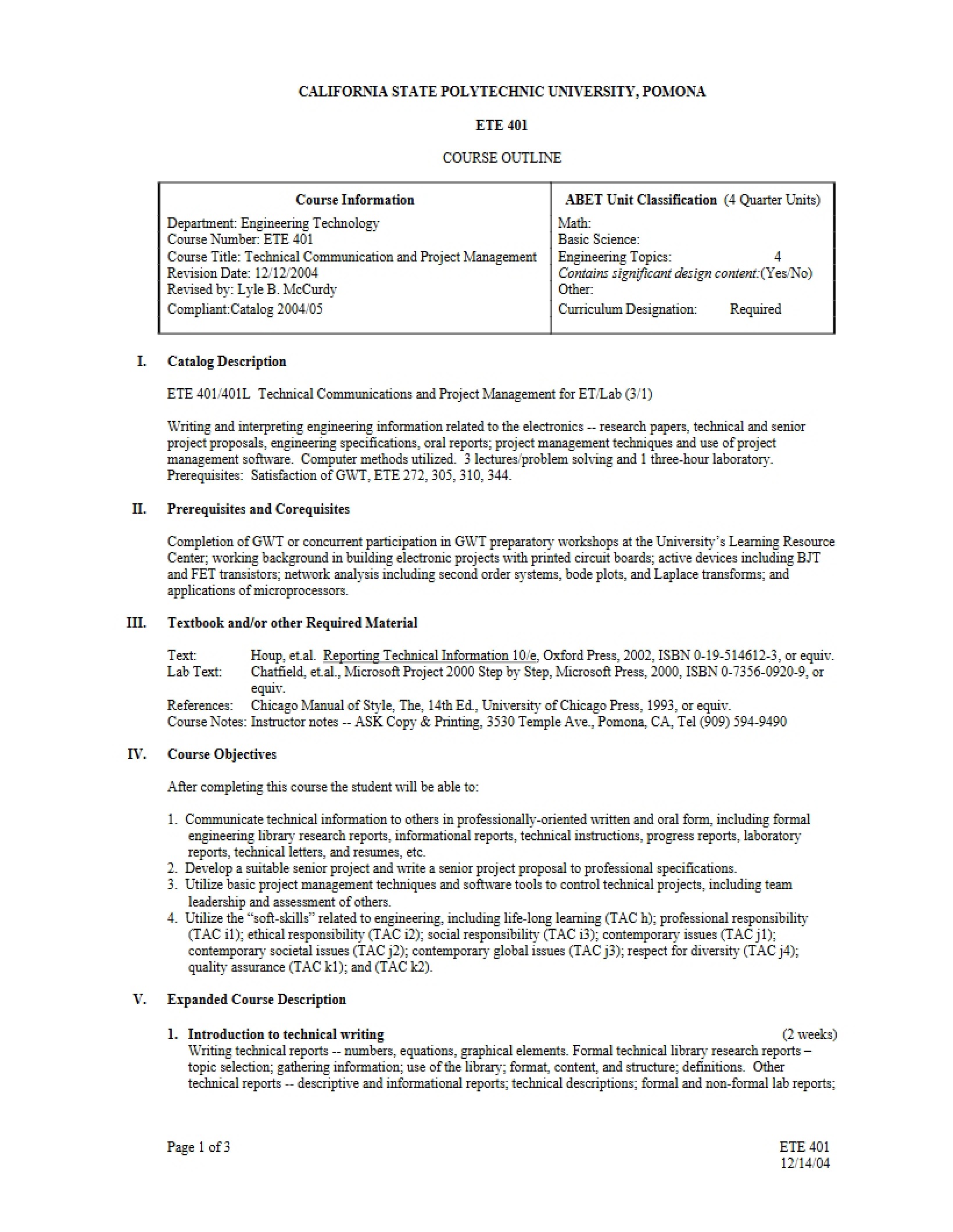 Technical Communications Course Outline
