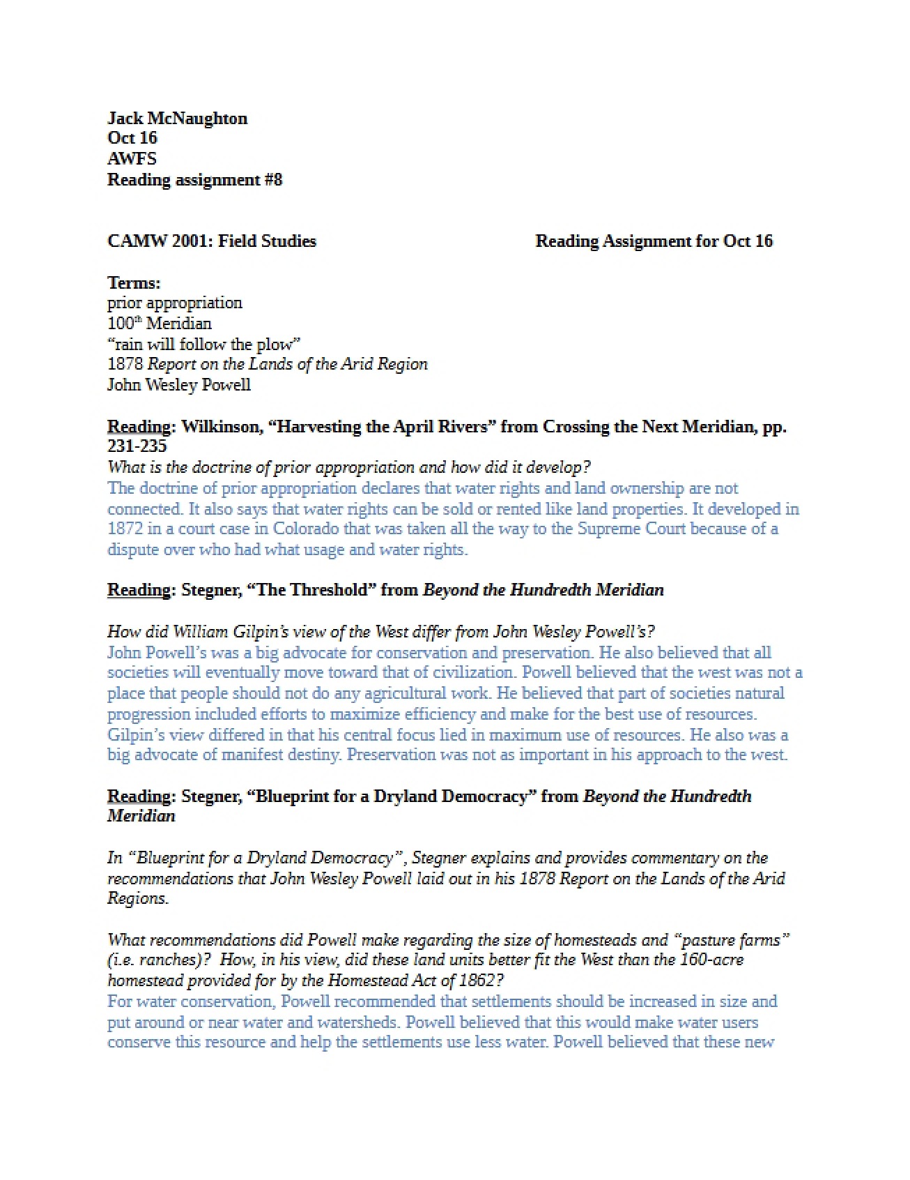Eighth Reading Assignment for American West Field Studies