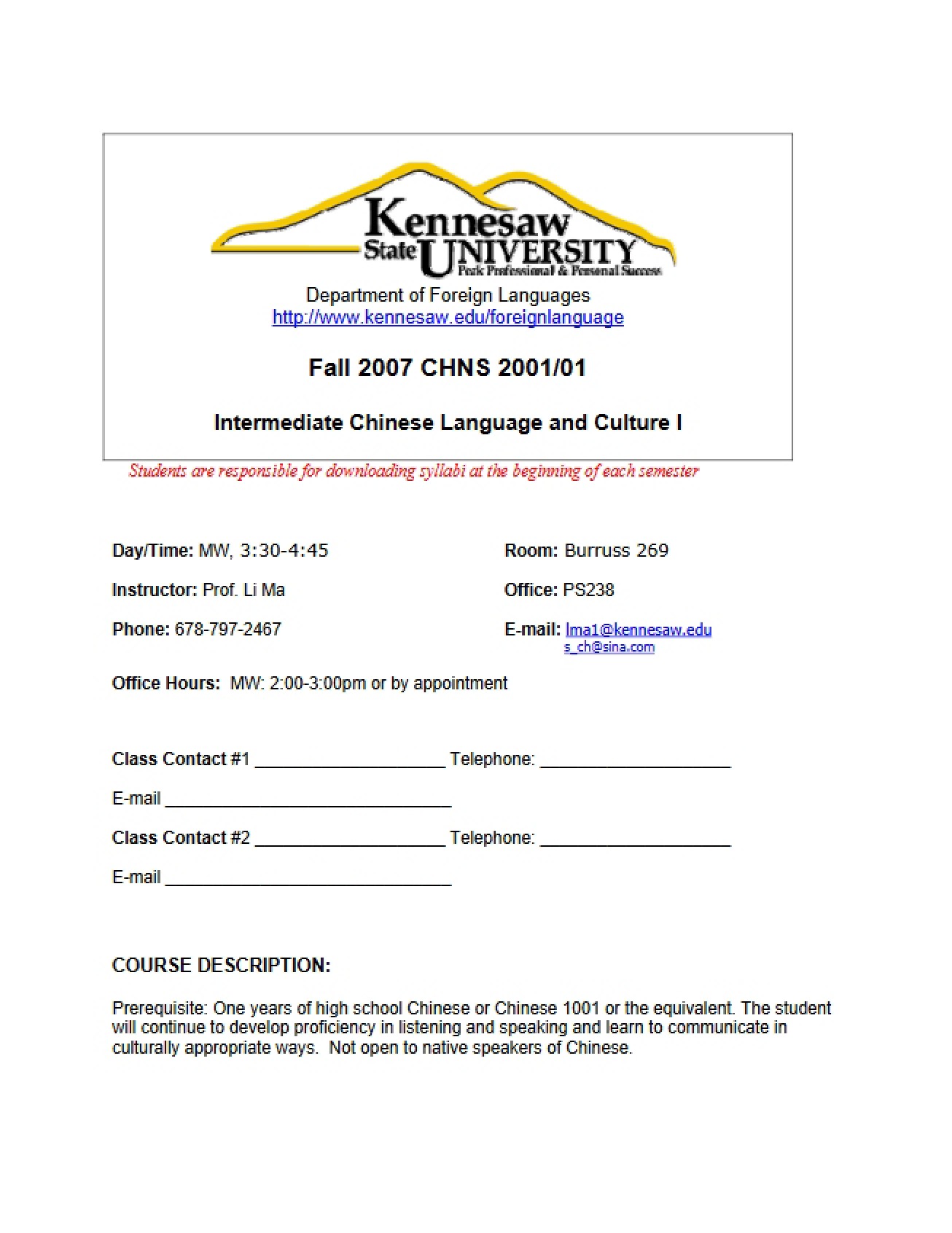 Course Syllabus for a Course on Intermediate Chinese Language and Culture