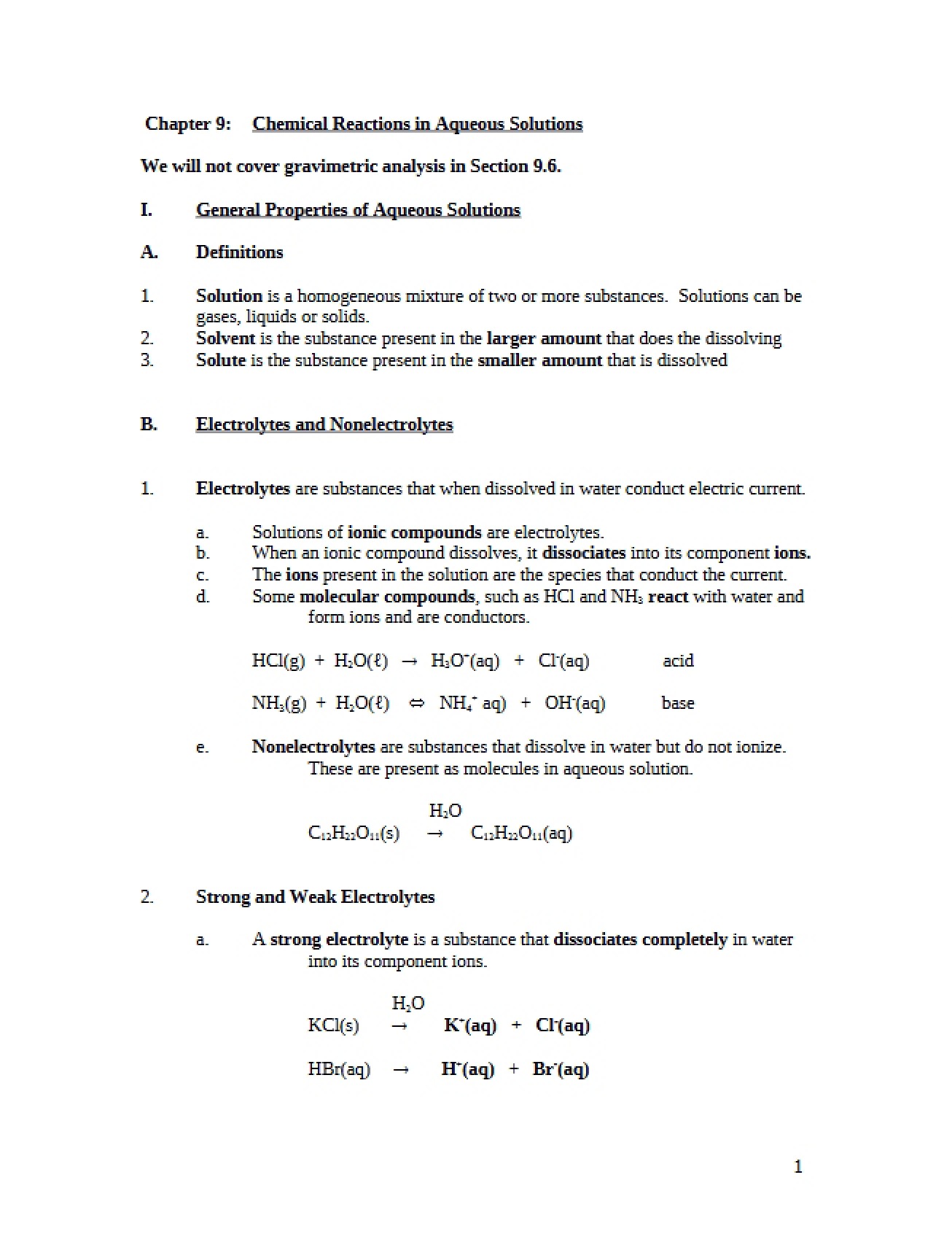 Chapter Nine An Overview of Chemical Reactions in Aqueous Solutions
