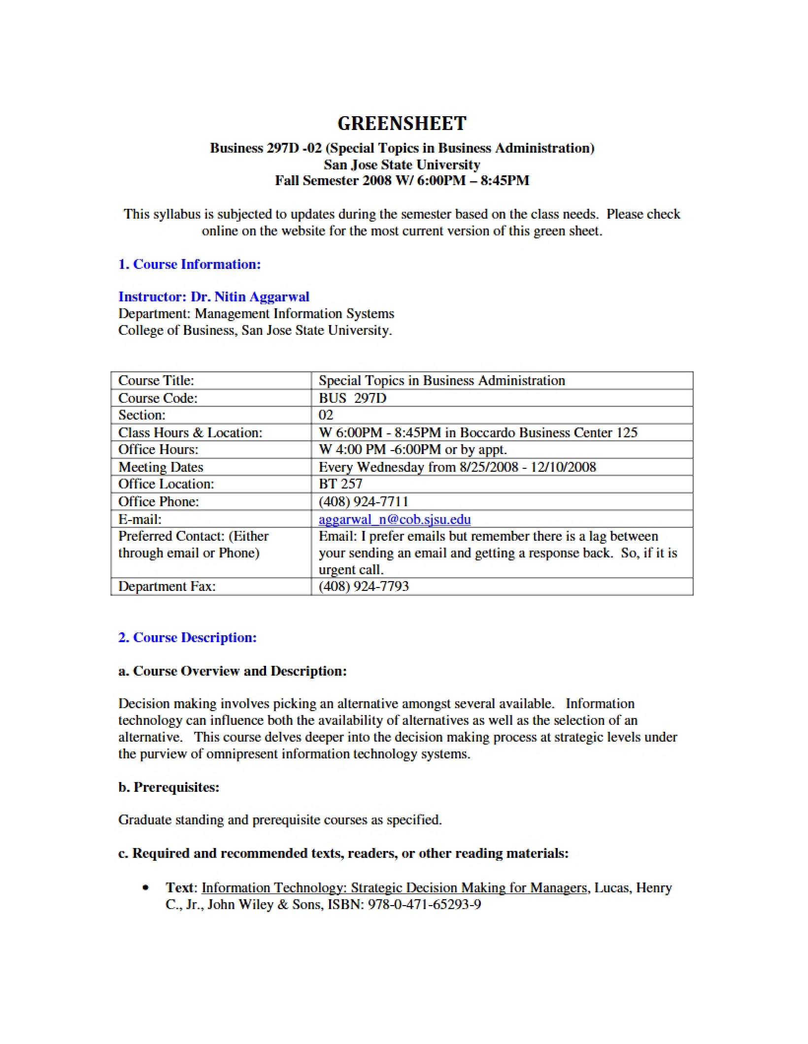 Syllabus for Special Topics in Bus Admin