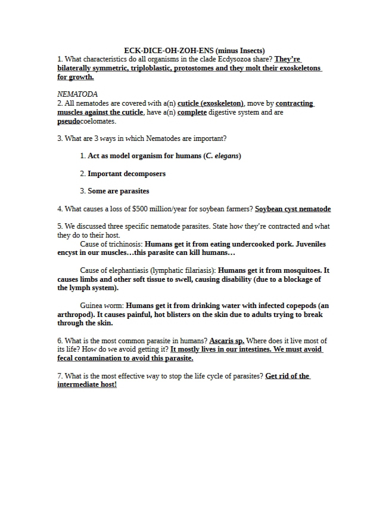 Answer Key for the Biology I Worksheet