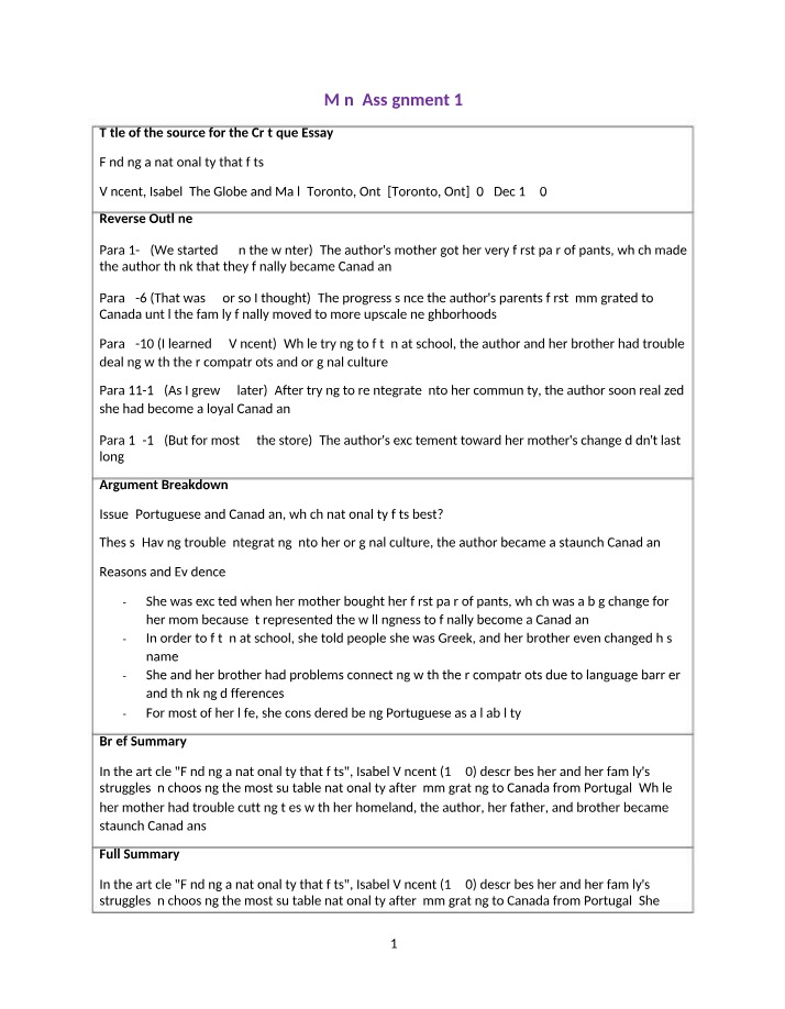 Mini Assignment One