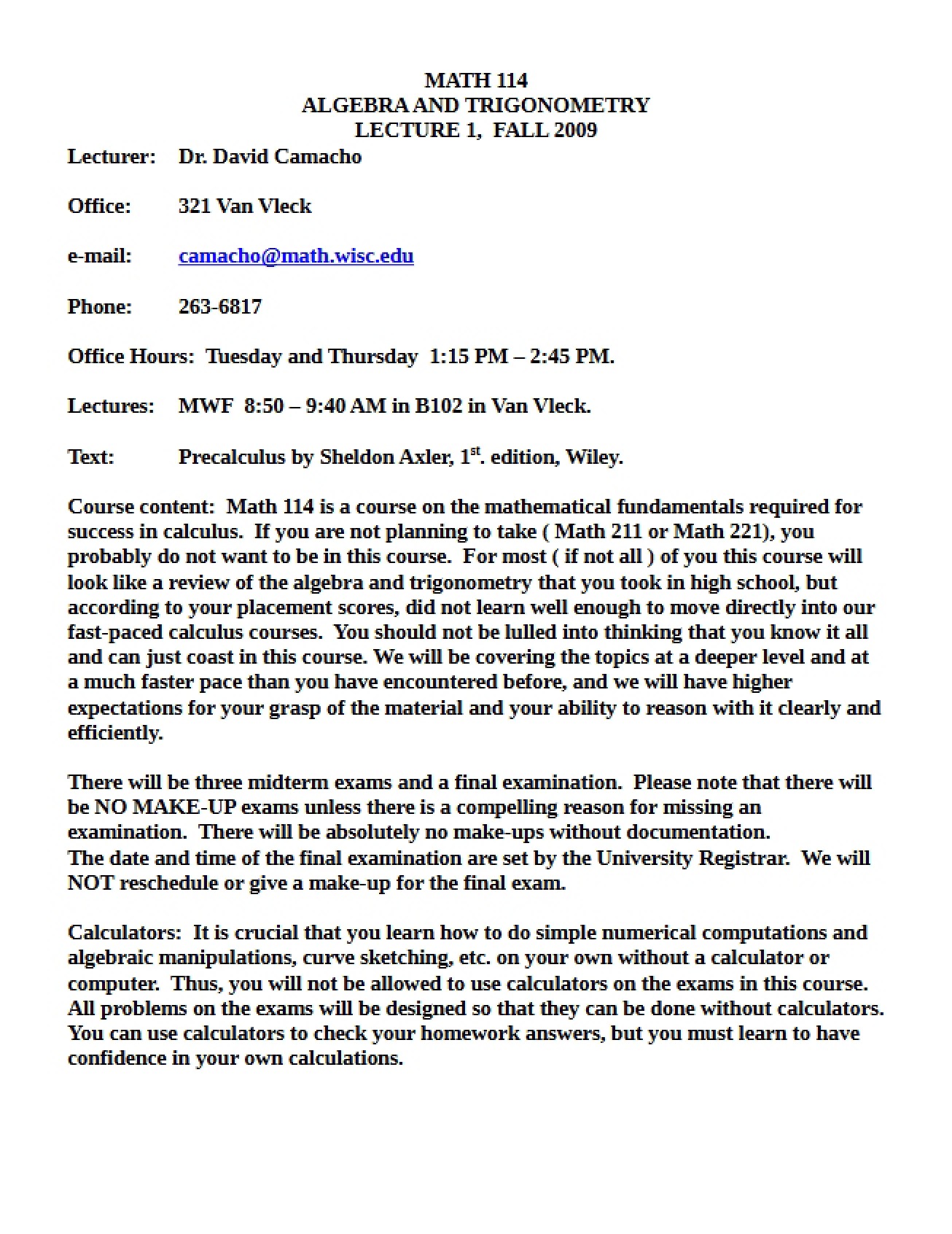 Algebra and Trigonometry Syllabus (Math 114)