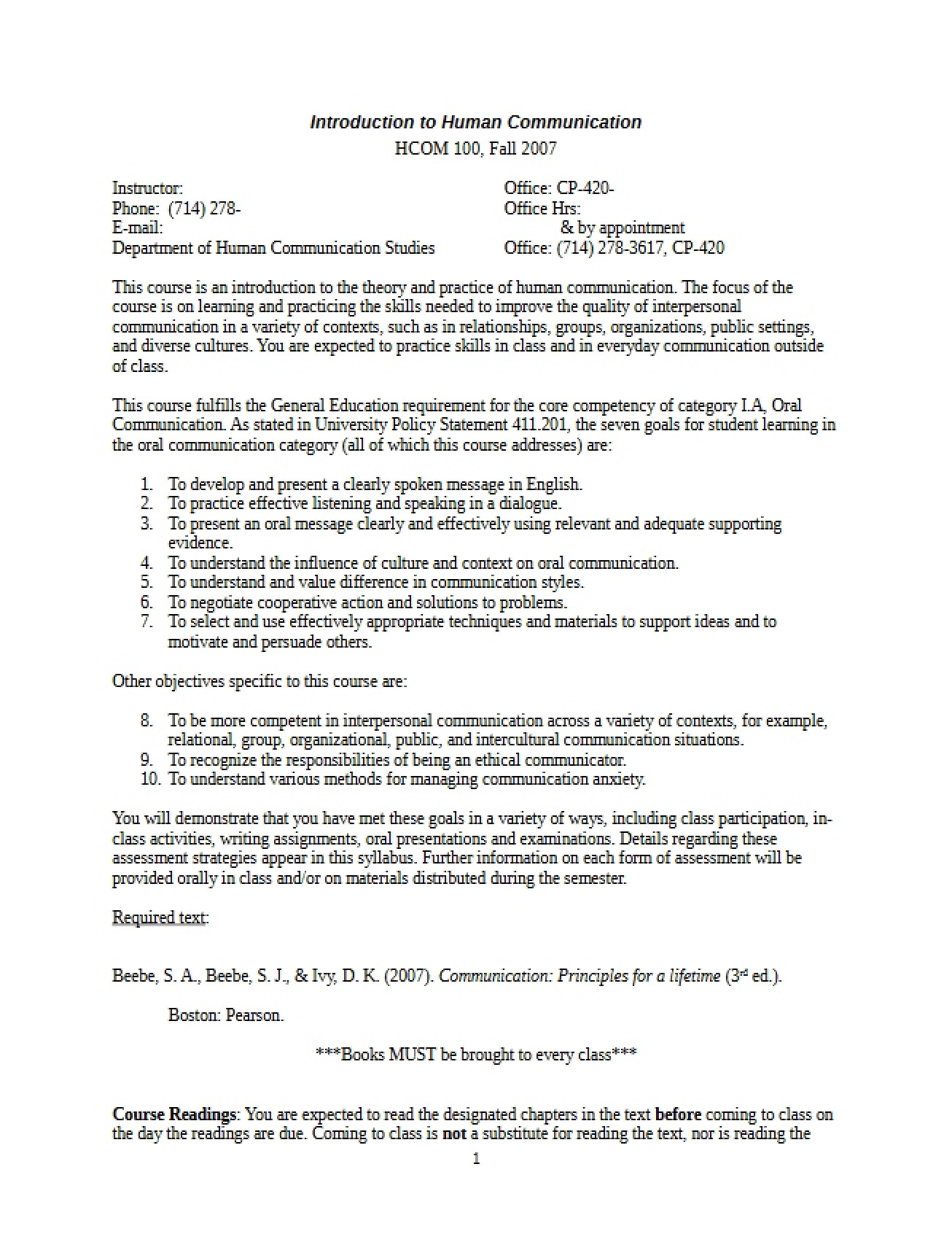 Course Syllabus HCOM 100