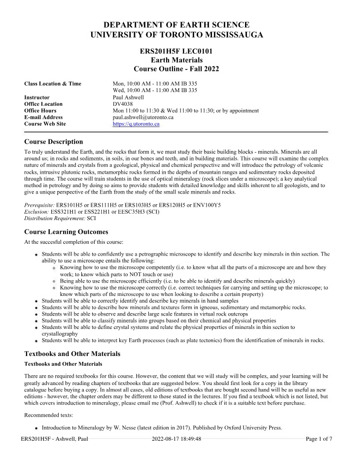 Syllabus for Earth Materials (GLS235)