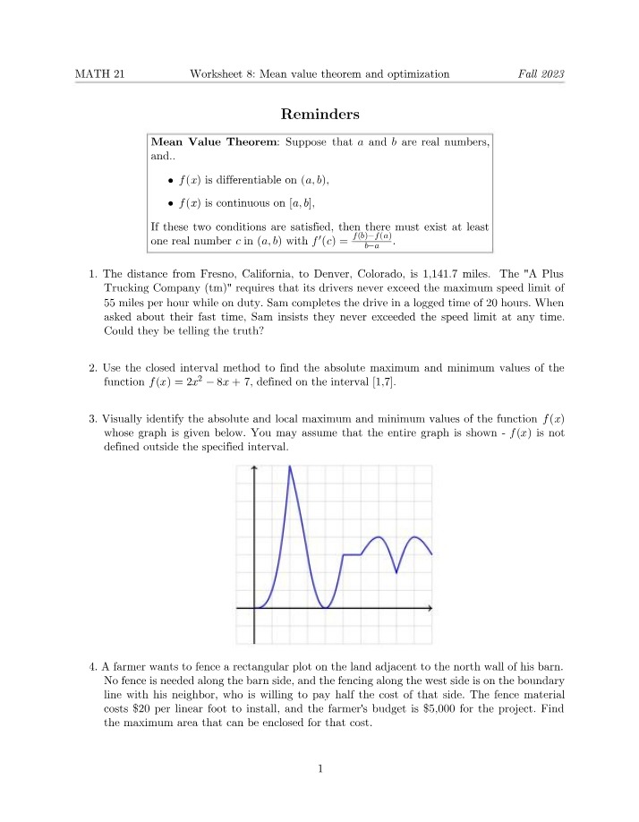 Worksheet 8 for MATH 21
