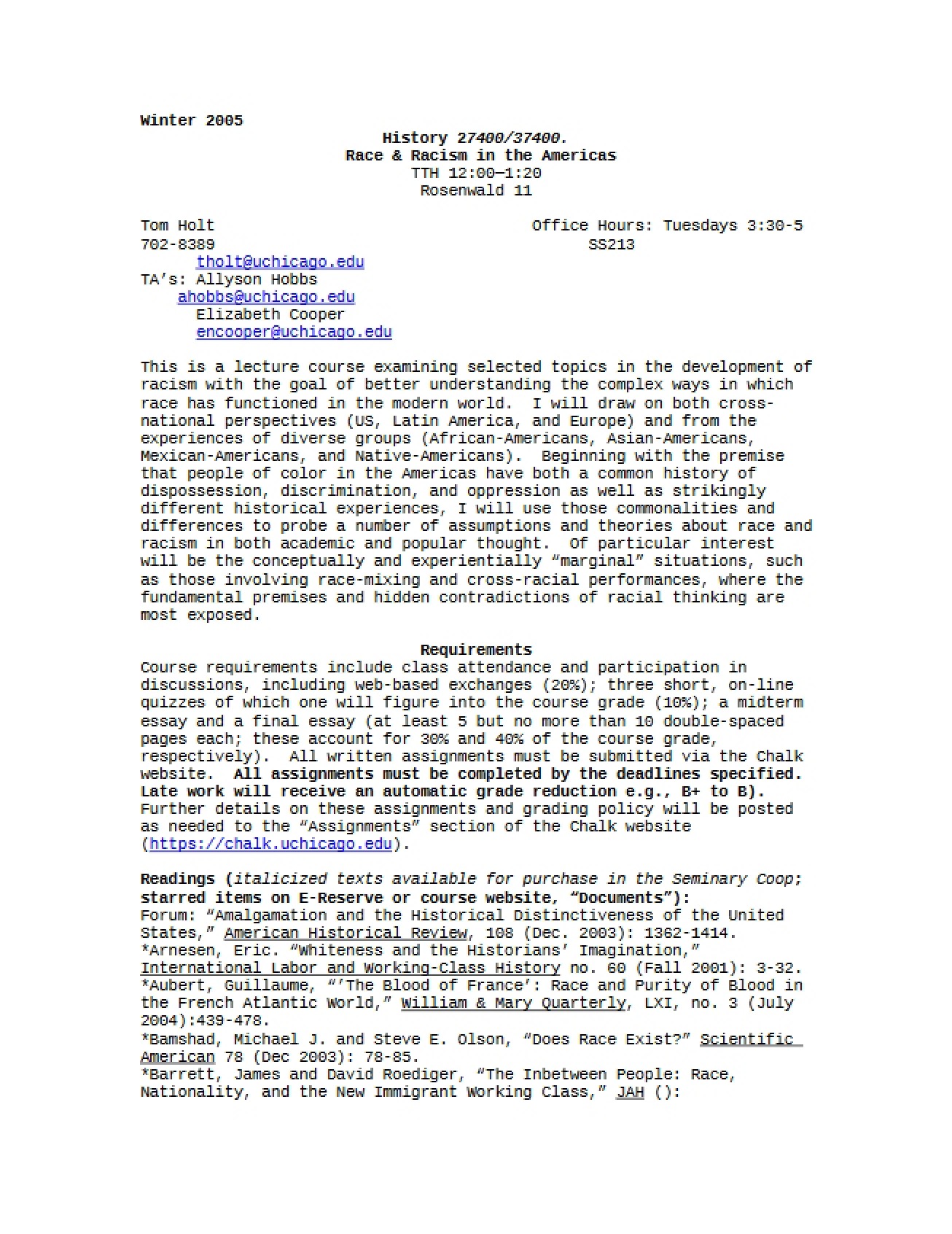 Syllabus for Race and Racism in American History