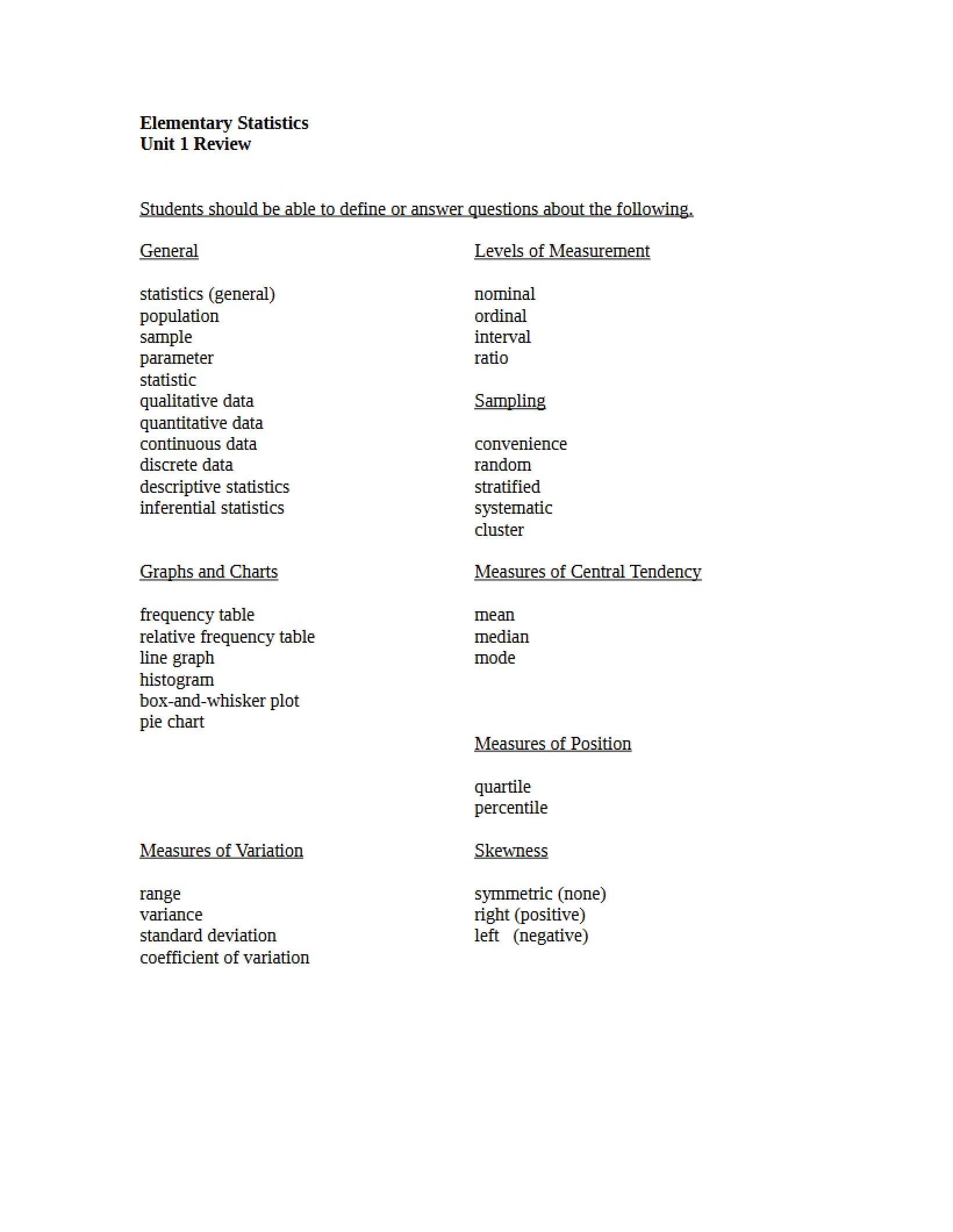 Review for Unit 1 Stats