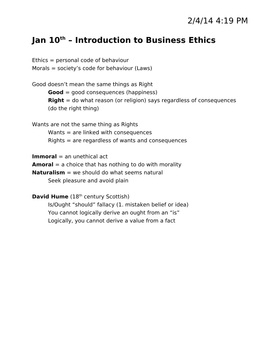 Lecture Notes - Introduction to Business Ethics