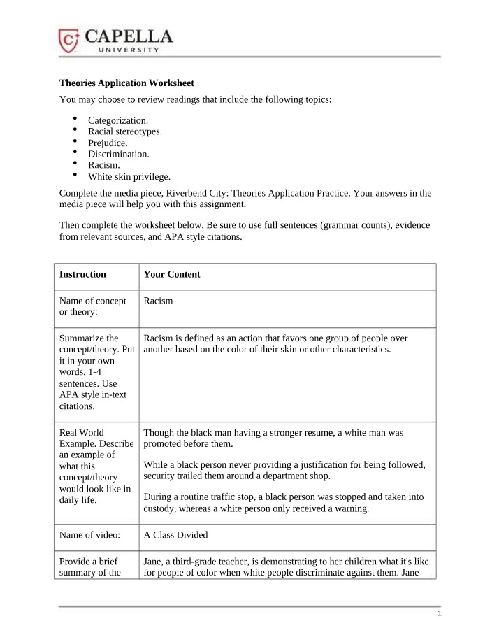 Worksheet on Theories Application