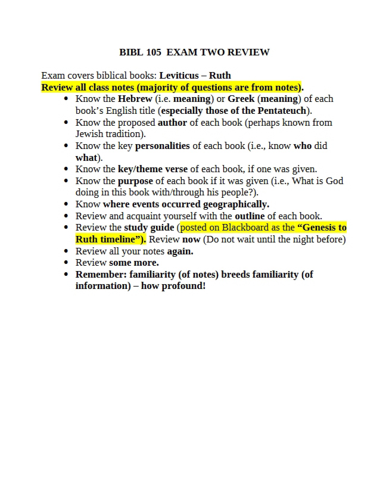Second Exam Review for Old Testament Survey