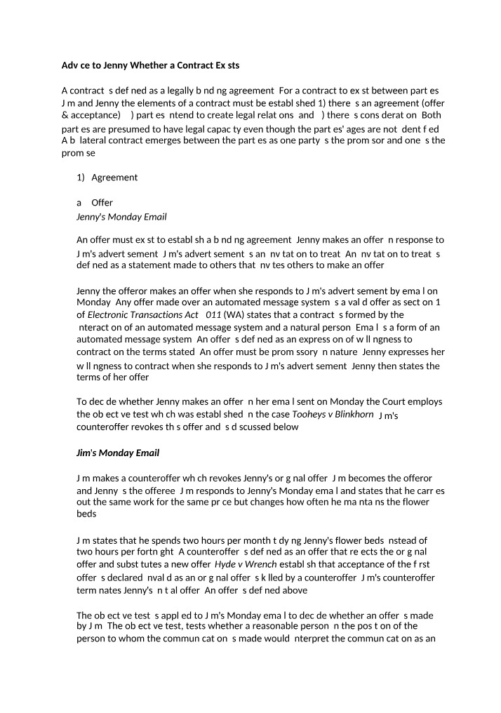 Whether a Contract Exists - Advice to Jenny