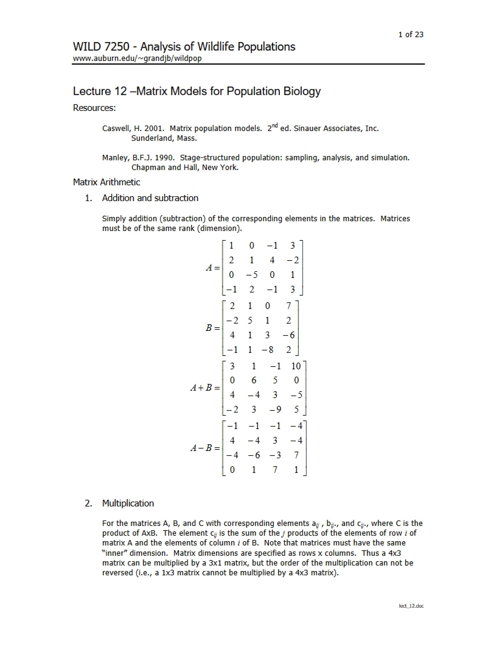 Wildlife Population Lecture 12