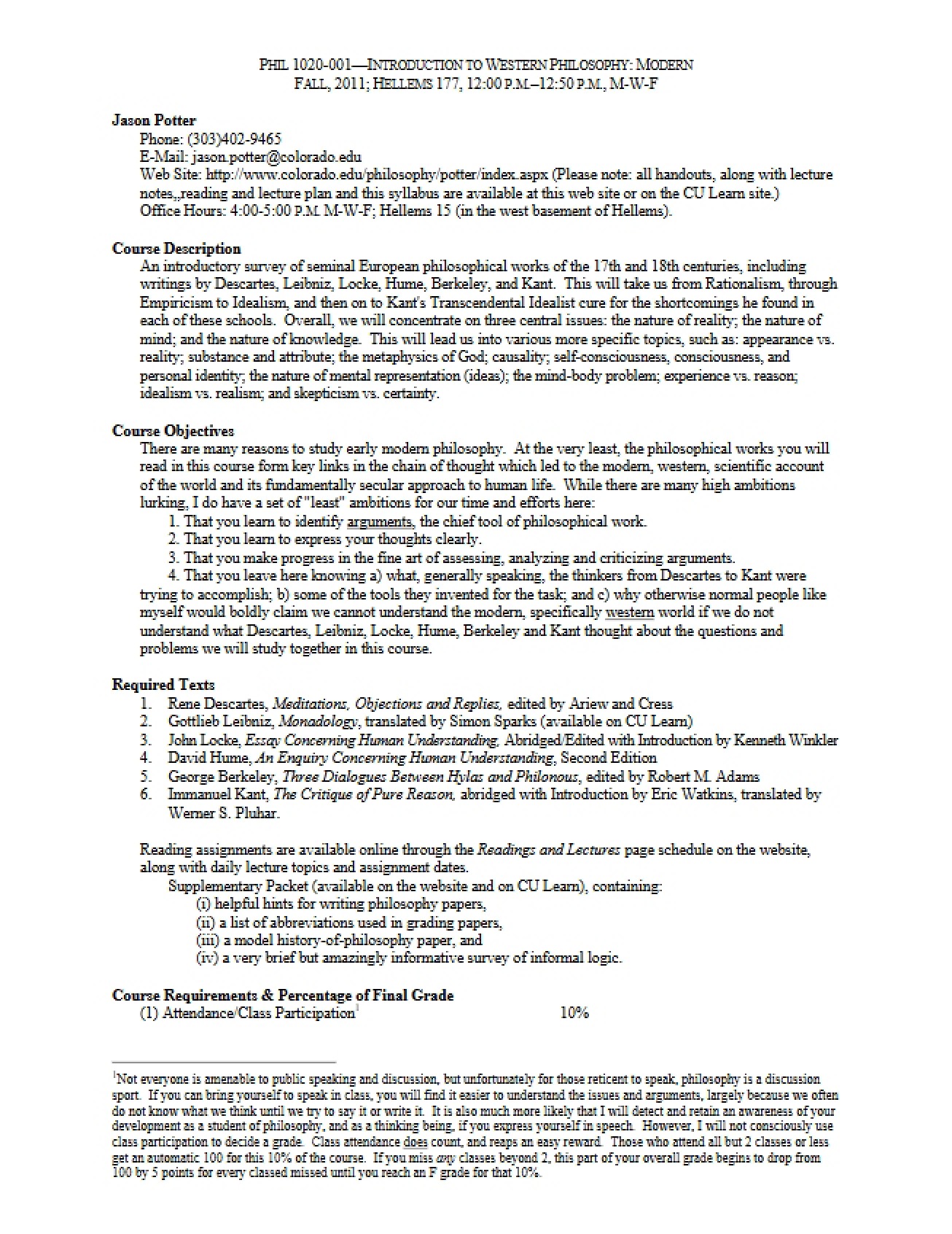 Syllabus for Introduction to Western Philosophy Modern (First Instance)